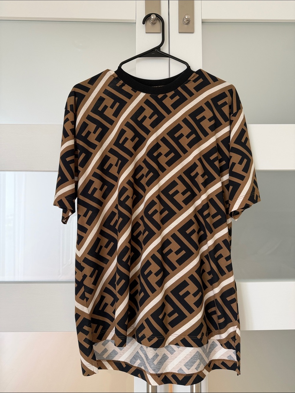 Fendi FF Logo Diagonal Print Tee in Brown, Black and Cream oversized Small